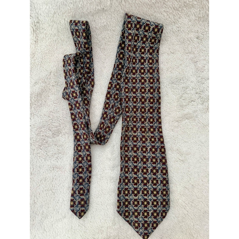 Christian Dior Cravate Men's 100% Silk Tie Burgundy Navy Geometric Pattern Italy